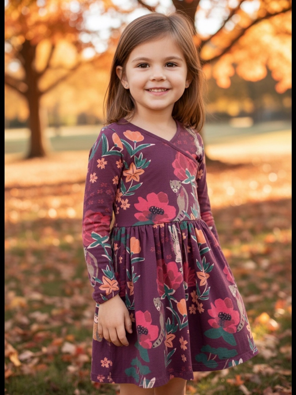 Tea Collection | Burgundy Floral and Forrest Critters Dress | Size 4